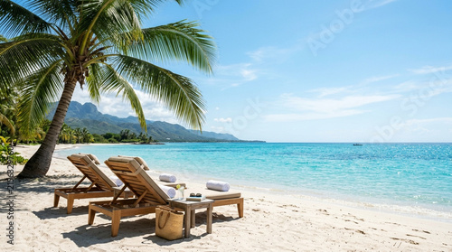 Relaxing Lounge Chairs on a Sunny Tropical Haiti Beach