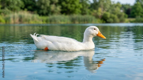 Beautiful white duck swimming in a calm lake