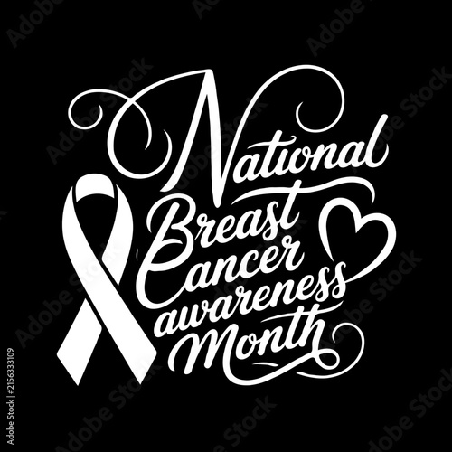 National breast cancer awareness month typography design with a pink ribbon symbol and a heart shape on a black background for medical charity and support events Vector