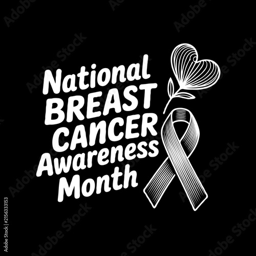 National breast cancer awareness month typography design with a hand drawn pink ribbon and a heart flower symbol for health campaigns and medical charity events Vector