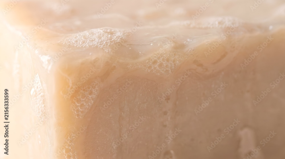 Fototapeta premium Macro close up of wet organic soap bar with lather bubbles for hygiene