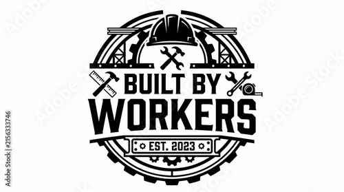 Built by workers construction logo emblem with hard hat and tools for industry and labor business