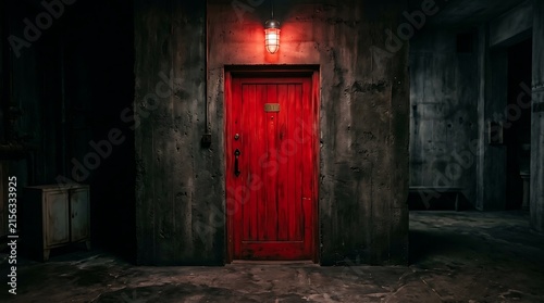 Vibrant red door stands out against a dark concrete wall, illuminated by a red light above, creating a mysterious and intriguing atmosphere in a dimly lit room