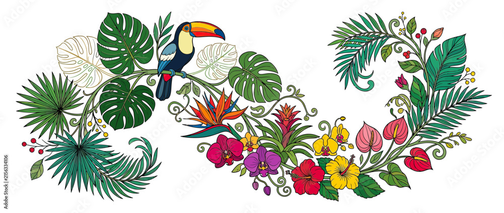 Obraz premium Exotic Toucan Bird Perched on Tropical Floral Swirl