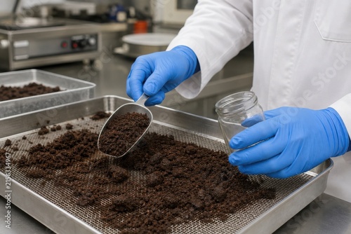 Technician Inspecting Spent Coffee Grounds for Upcycling Research