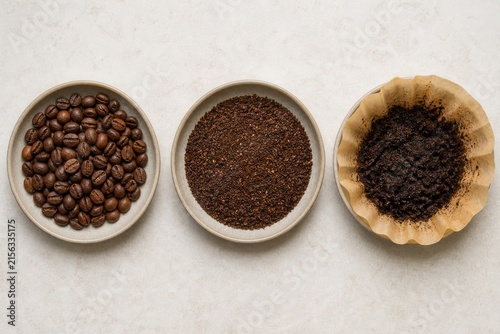 Coffee Beans Dry Grounds and Used Coffee Filter Comparison