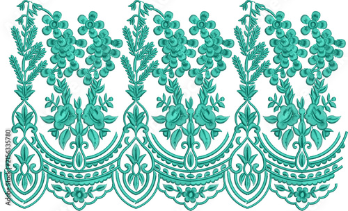 Teal Floral Damask Border Embroidery Pattern for Fashion Textile