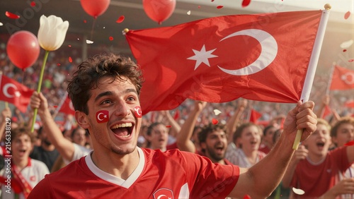 Turkish fan cheers wildly, waving flag amidst confetti and balloons at stadium.