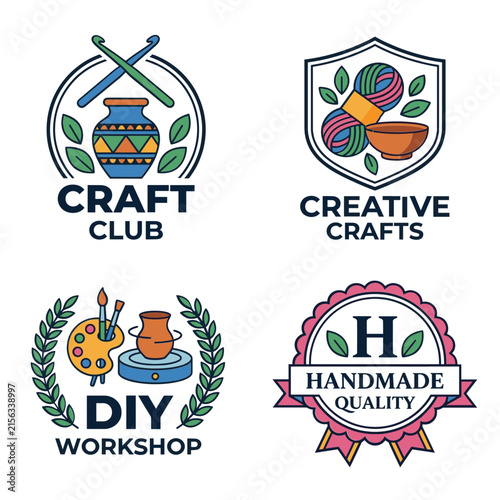 Set of four handmade craft and creative workshop logos with various handmade elements.