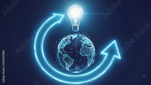 Global innovation cycle: light bulb illuminates Earth, arrows show perpetual progress.
