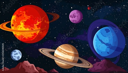 Colorful planets in outer space scene with stars.