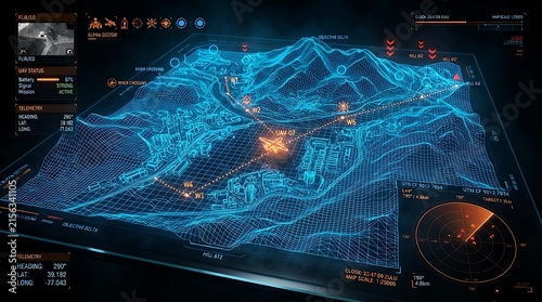 Digital holographic map interface showing drone flight path and terrain data in a dark room