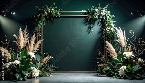 Deep Green Botanical Luxury Arch Frame with White Flowers Pampas Grass and Golden Light