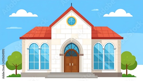 Charming white church with red roof and arched windows.