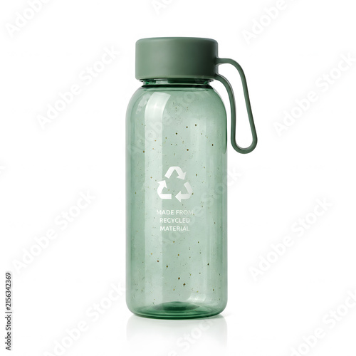 Reusable green water bottle with recycling symbol and handle  