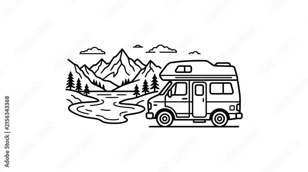 Obraz premium Camper van driving through mountain landscape line art.