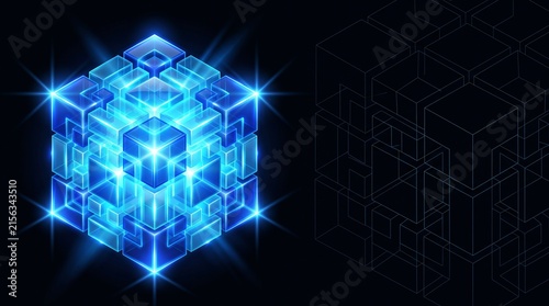 Futuristic glowing blue cube, abstract digital block with neon light effects, high-tech geometric data visualization