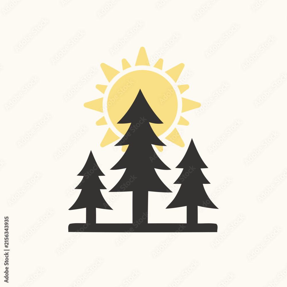 Obraz premium Minimal flat illustration of evergreen trees with sun behind. Flat Vector illustration.