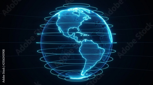 Digital blue globe with holographic data rings, futuristic earth planet map, global network technology concept