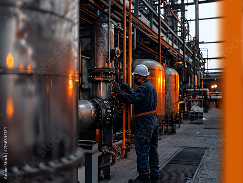 Industrial worker in protective gear operating complex machinery at a chemical plant