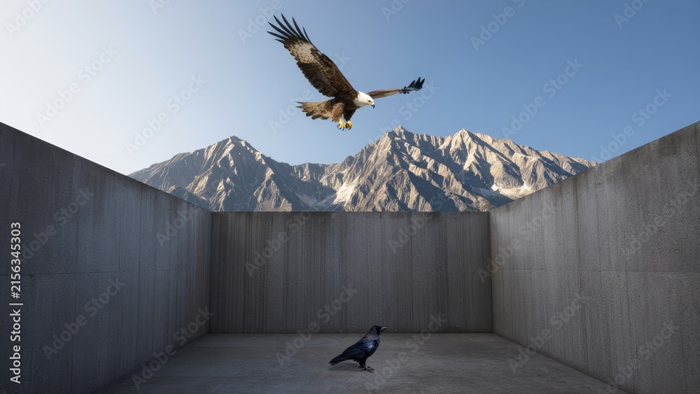 Naklejka premium Majestic Eagle in Mid-Flight Above a Raven in Concrete Environment