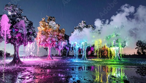Vibrant colorful trees by water fountain.