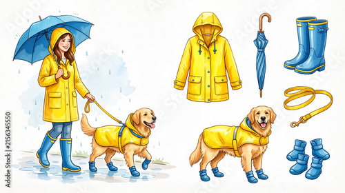 Rainwear set for dog and human with raincoats, umbrella, boots, leash and rainy dog walking scene, watercolor illustration isolated on white background
