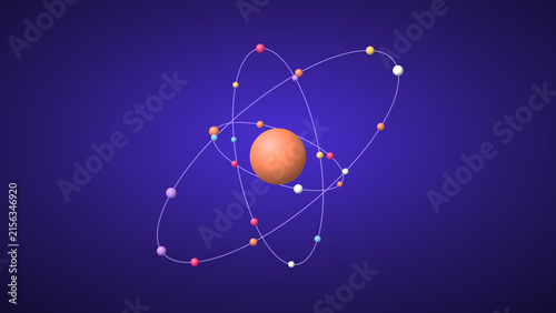 Konstfotografi 3d render of an atom model with a central nucleus and orbiting particles on a da
