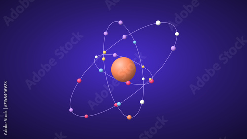 Foto 3d illustration of an atom model with a central nucleus and orbiting electrons o