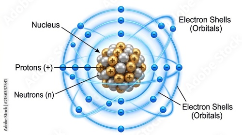 Educational diagram of an atom showing the central nucleus with protons neutrons and orbiting electrons in shells
