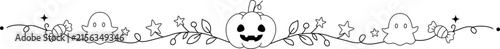 Cute Halloween Doodle Border with Ghost, Pumpkin, Bats and Stars