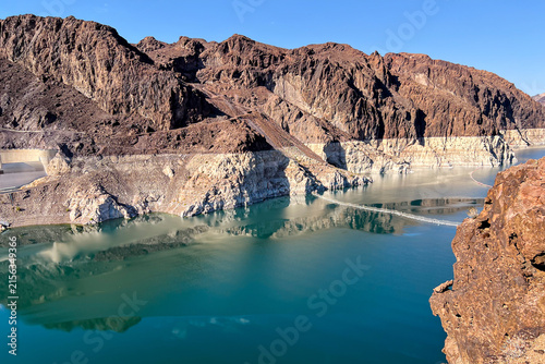 Scenic View of Hoover Dam and Lake Mead Reservoir Under Blue Sky in Nevada, Arizona USA