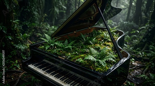 Open black grand piano entirely overgrown with lush green ferns and moss in a tropical jungle illustrating the harmony of classical music and nature