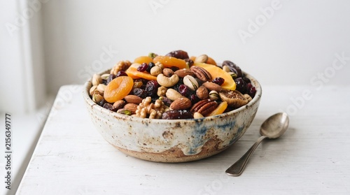 Healthy Snack Concept: Assortment of Dried Fruits and Roasted Nuts in Rustic Bowl