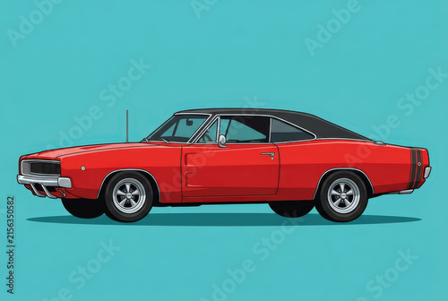 Classic Red American Muscle Car Illustration on Teal Background - 1960s Vintage Sports Coupe Side View