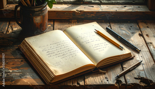An open journal with handwritten notes, a pencil, and a pen on a rustic wooden desk by a sunlit window, evoking a sense of quiet study or creative writing.