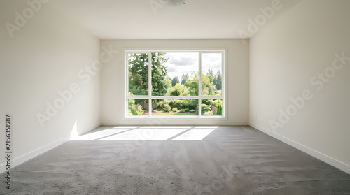 Empty modern room with gray carpet and large garden window