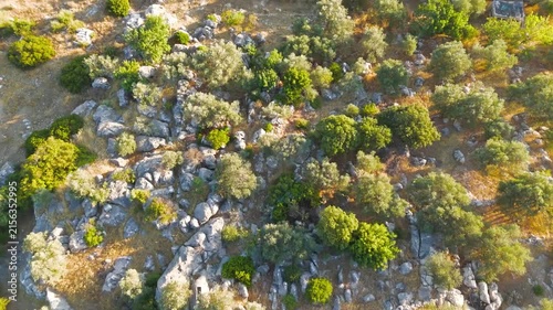Gelemis, Turkey. The Roman Triumphal Arch of Patara, a well-preserved triple-vaulted stone gateway straddling a modern road amid ancient ruins, aerial view under warm daylight. Aerial View, MasterSho