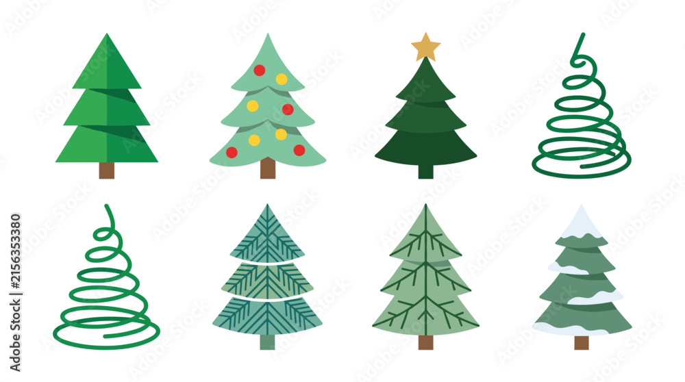 Obraz premium Colorful Christmas Trees Set with Geometric Patterns and Brown Bases. Holiday De