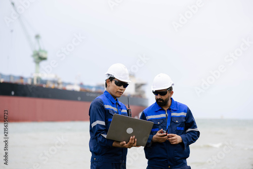Two industrial engineers in safety gear using a laptop at a port, standing by a large cargo ship with a crane in the background, coordinating maritime operations.