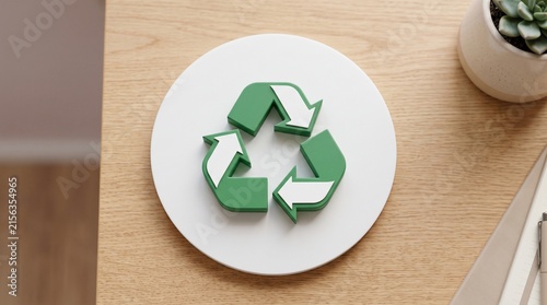Green Recycling Symbol on White Plate with Plant and Notebook. Eco-Friendly Design, Sustainable Living Concept