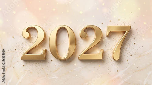 Gold Metallic Numbers 2027 on Marble Background with Starry Bokeh. Luxury Celebration Design. New Year Concept.