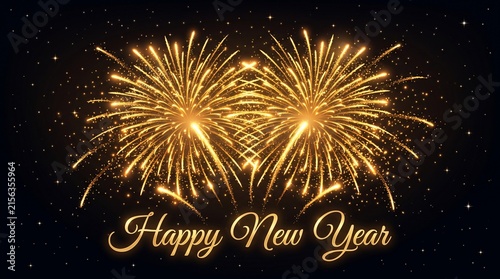Golden Fireworks Display with Happy New Year Text on Dark Starry Background. Celebration, Holiday, Festive Design
