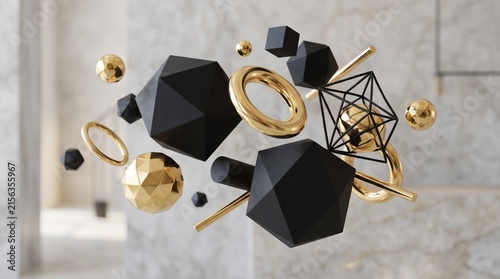 Geometric Shapes Floating in Space with Black and Gold Metallic Forms. Modern Abstract Design with Geometric Elements and Luxury T