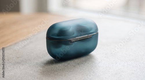 Blue Matte Earbud Case with Metallic Hinge on Concrete Surface. Modern Tech Accessory Design and Wireless and Charging