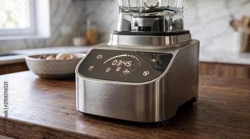 Modern Stainless Steel Blender with Digital Display on Wooden Countertop. Kitchen Appliance, Food Preparation, Healthy Lifestyle D