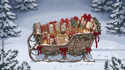 Wooden Sleigh Filled with Wrapped Gifts and Holiday Decorations in Snowy Forest. Christmas Winter Design, Festive Illustration