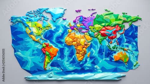 Low Poly World Map with Colorful Geometric Continents and Blue Ocean. 3d Polygonal Globe Design. Global Connectivity Illustration.