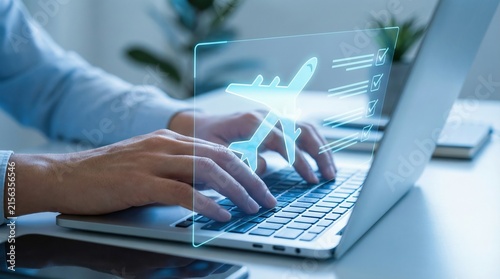 Digital global business online travel planning vacation booking concept with hands typing on laptop keyboard and airplane hologram