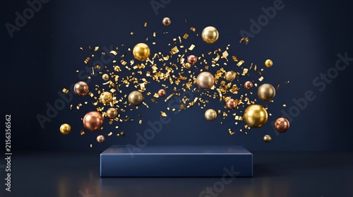 Gold Confetti and Metallic Spheres Burst Above a Dark Pedestal. Luxury Celebration Design, Festive Party Elements, Premium Event D